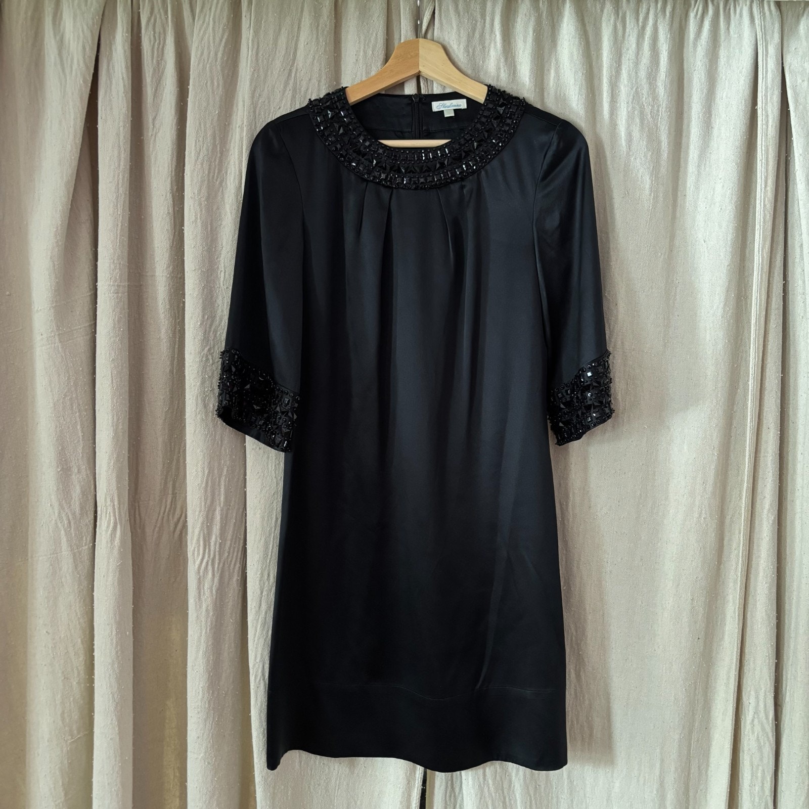 Shoshanna Black Pure Silk Classic Shift Dress With Beaded Sleeves And Collar